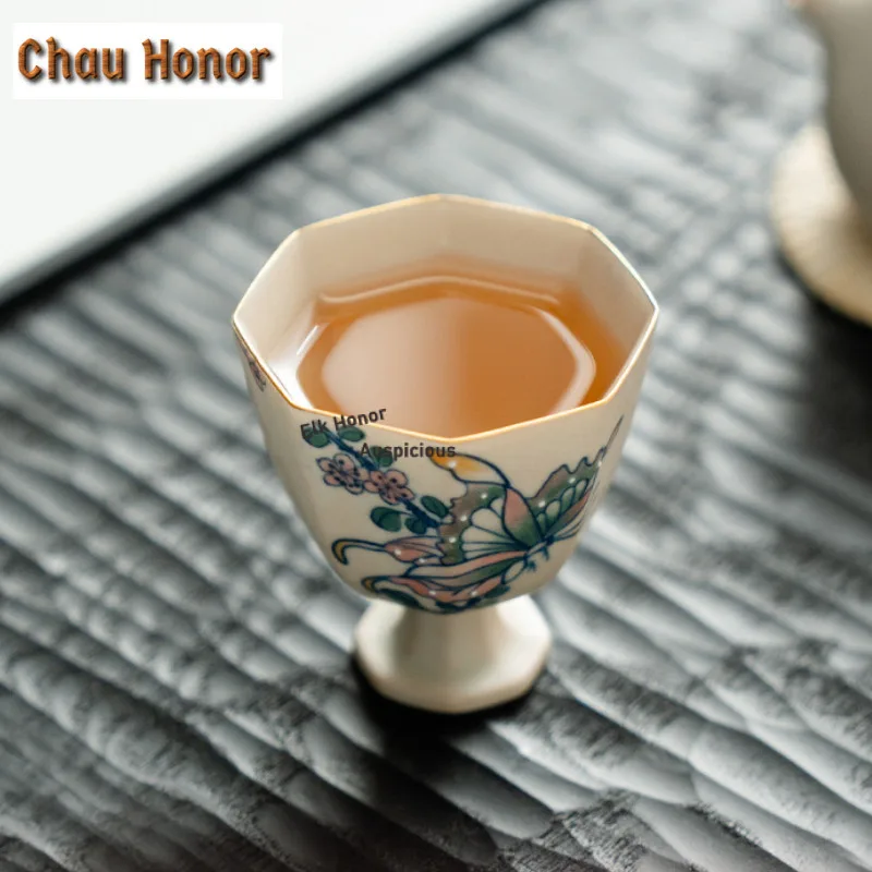 65ml Hand-painted Butterfly High-footed Teacup Boutique Tea Bowl Cup For Tea-tasting Fragrance Cup Chazhan Master Cups Tableware