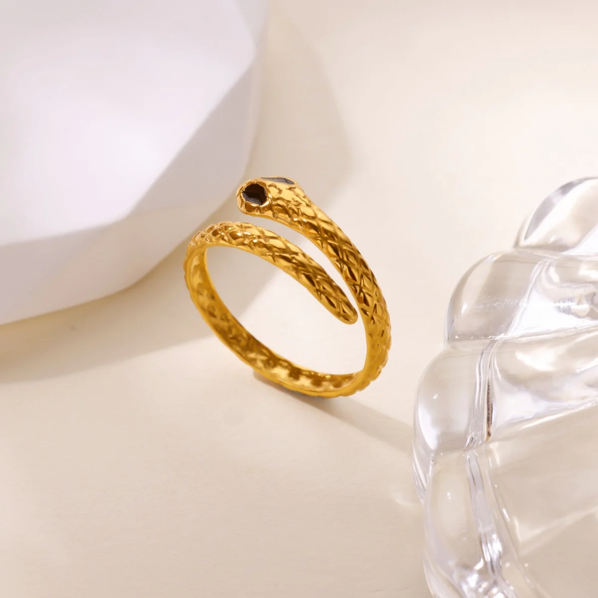 Classic Zircon Snake Ring For Women, 18K Gold-Plated Stainless Steel