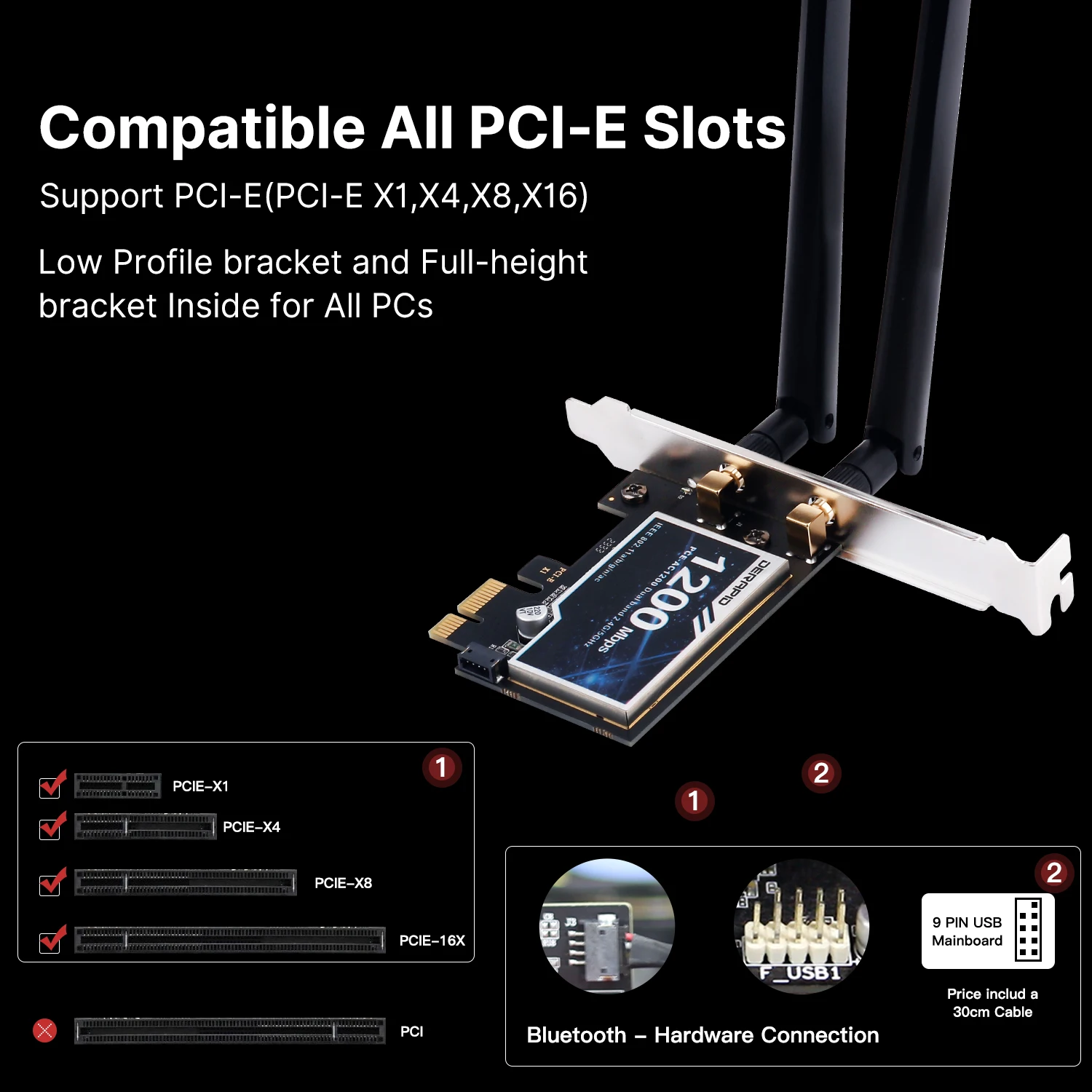 WiFi 5 AC1200 PCI-E Wireless Adapter Network Adapter BT 4.0 Dual Band 2.4G/5GHz