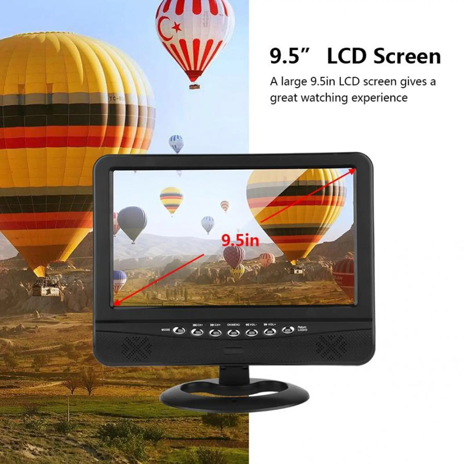 Portable 9.5 inch Car Analog TV LCD 3D Radio Color Screen Mini Thin Digital Wide Viewing Angle Video Player Monitor US