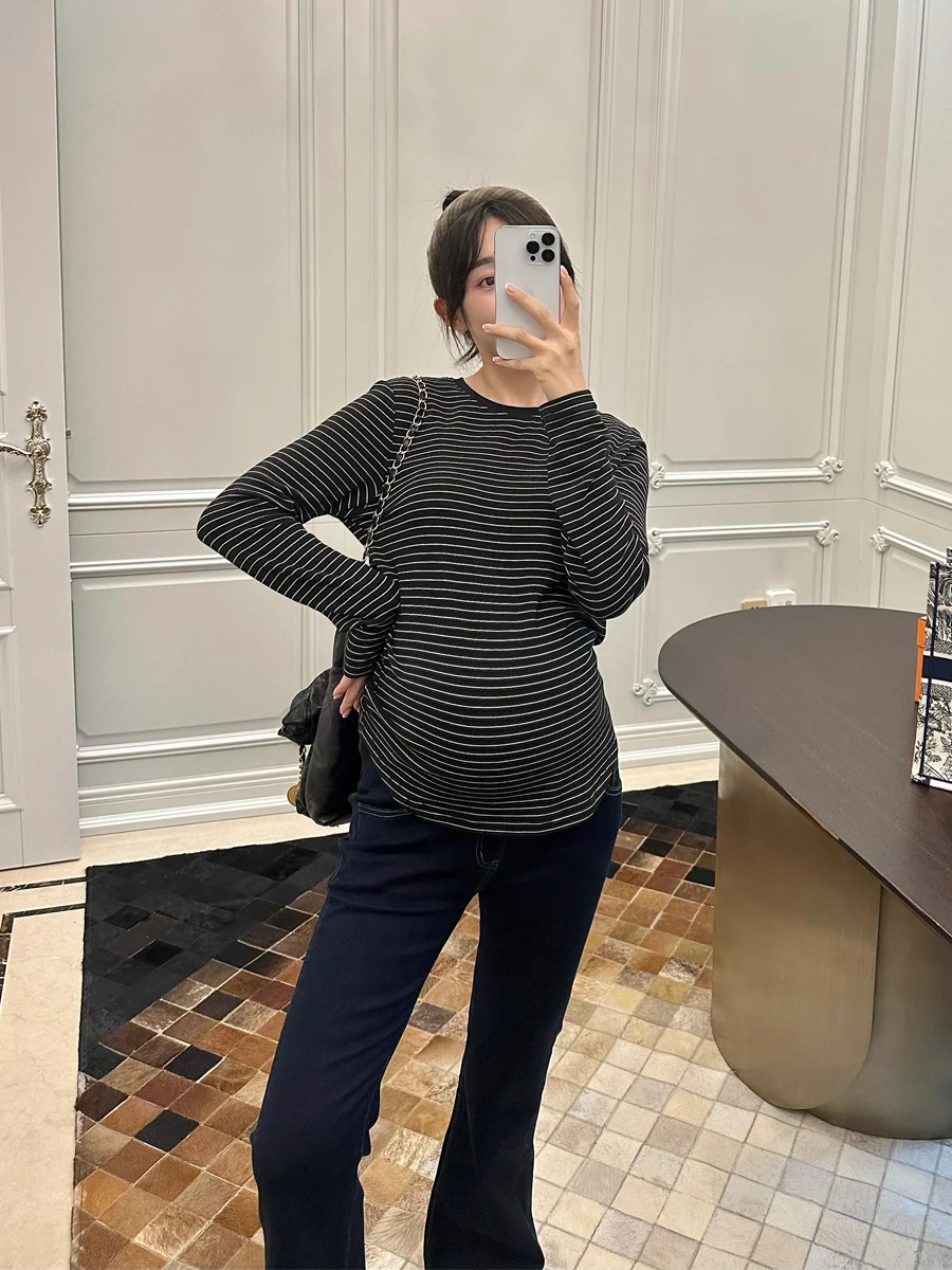 레오 마미 출산 의류 가을과 겨울 무스 앙고라 긴 소매 셔츠 기모 따뜻한 유휴 스타일 스트라이프 내복 셔츠
