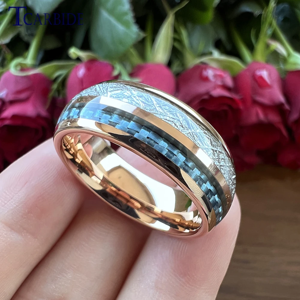 8MM Men Women Tungsten Wedding Band Rings With Blue Carbon