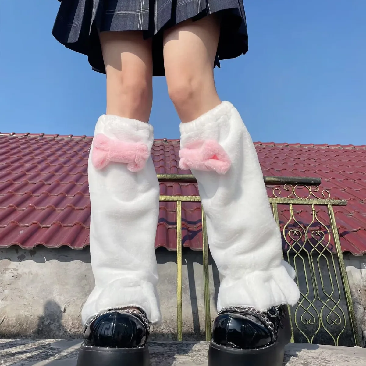 

Kawaii Japanese Plush Fur Bow Leg Warmers Leg Covers Winter Warm Y2K Boot Cuffs Harajuku JK Lolita Sock Thigh High Socks