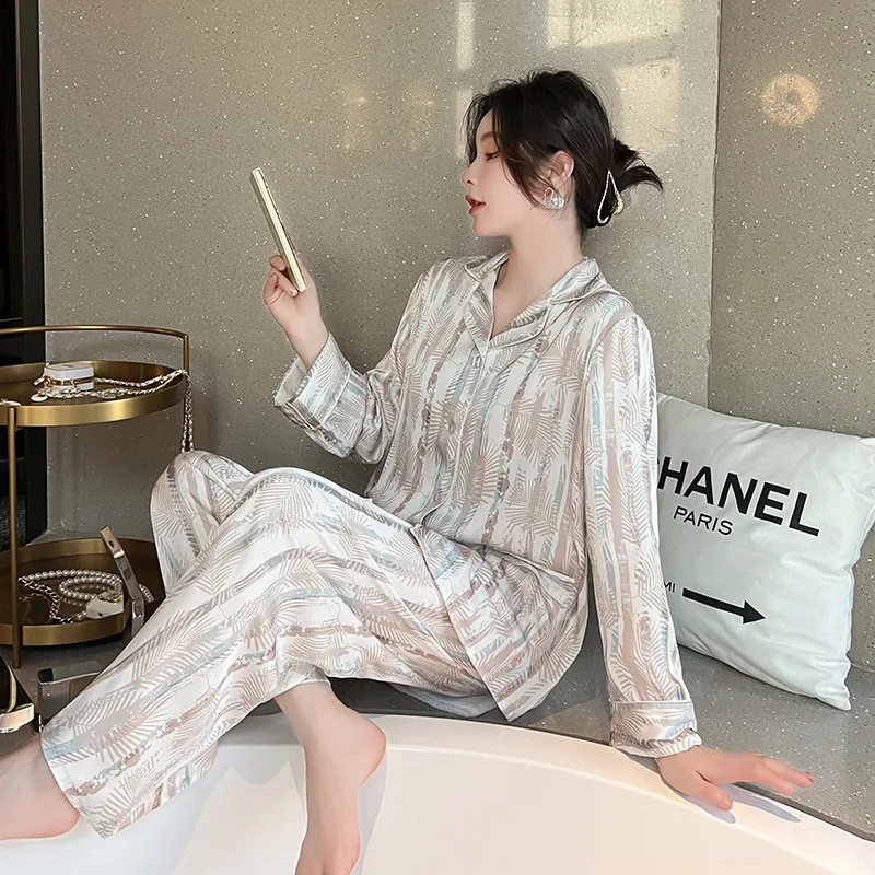 

Silk Satin Pajamas Women Long Sleeve Trouser Suits New Spring Autumn Sleepwear Nightwear Casual Home Clothe Print Loungewear