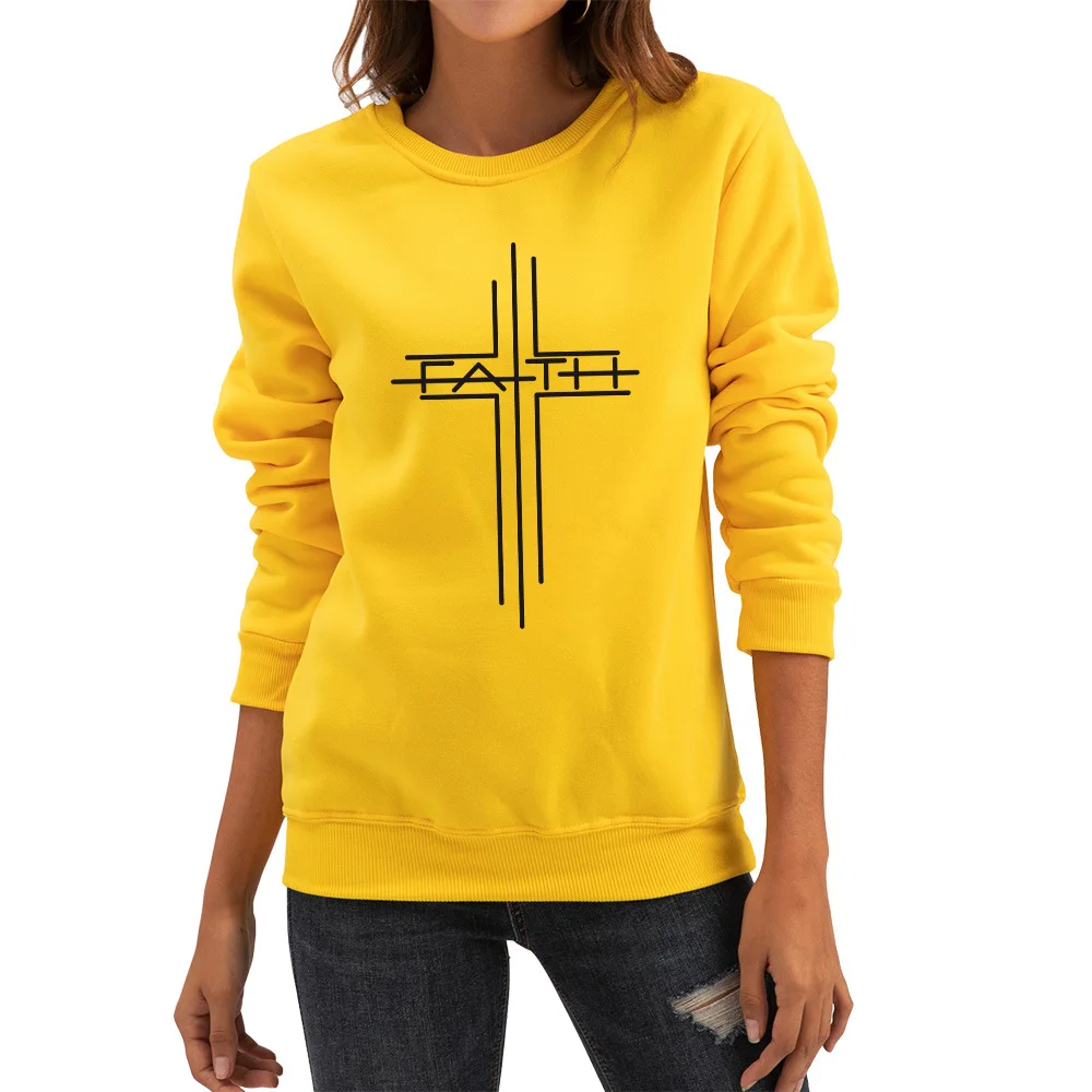 YRYT 2023 Autumn and Winter New Women's Cross Faith Letter Print Plus Velvet Loose Long Sleeve Hoodie Female