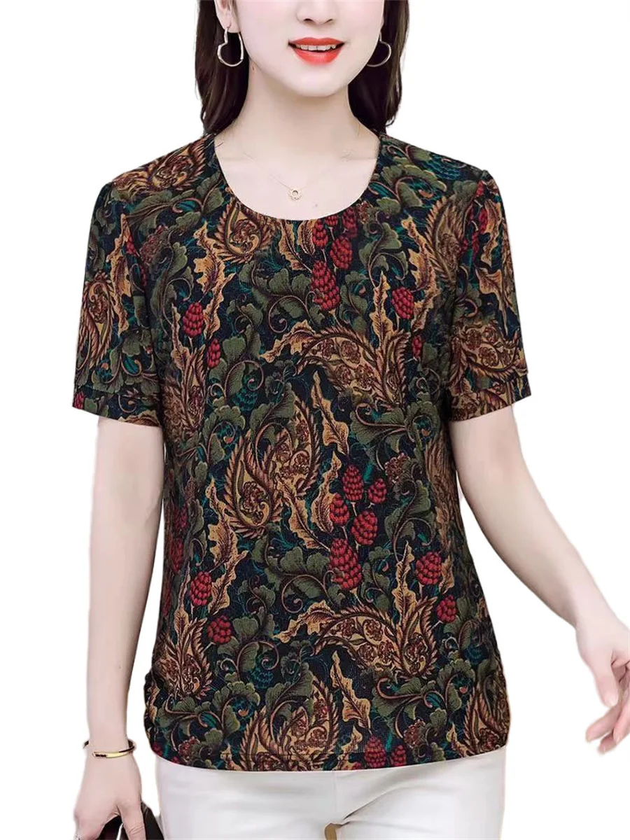 

4XL Women Spring Summer Blouses Shirts Lady Fashion Casual Short Sleeve O-Neck Collar Retro Printing Blusas Tops G2043