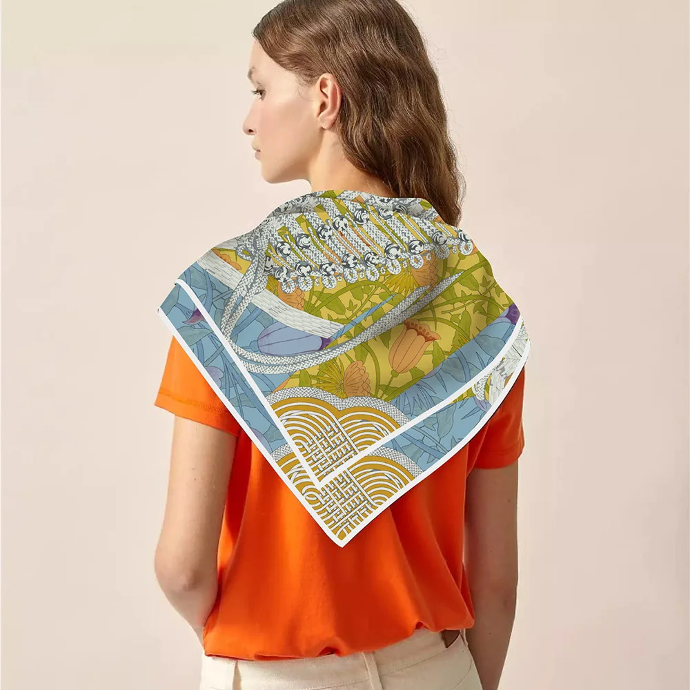 90cm Silk Scarf Women Retro Clothes Print Square Scarf Head Echarpes Silk Foulards Femme Wraps Beach Shawls Bandana Lady Hijabs 4