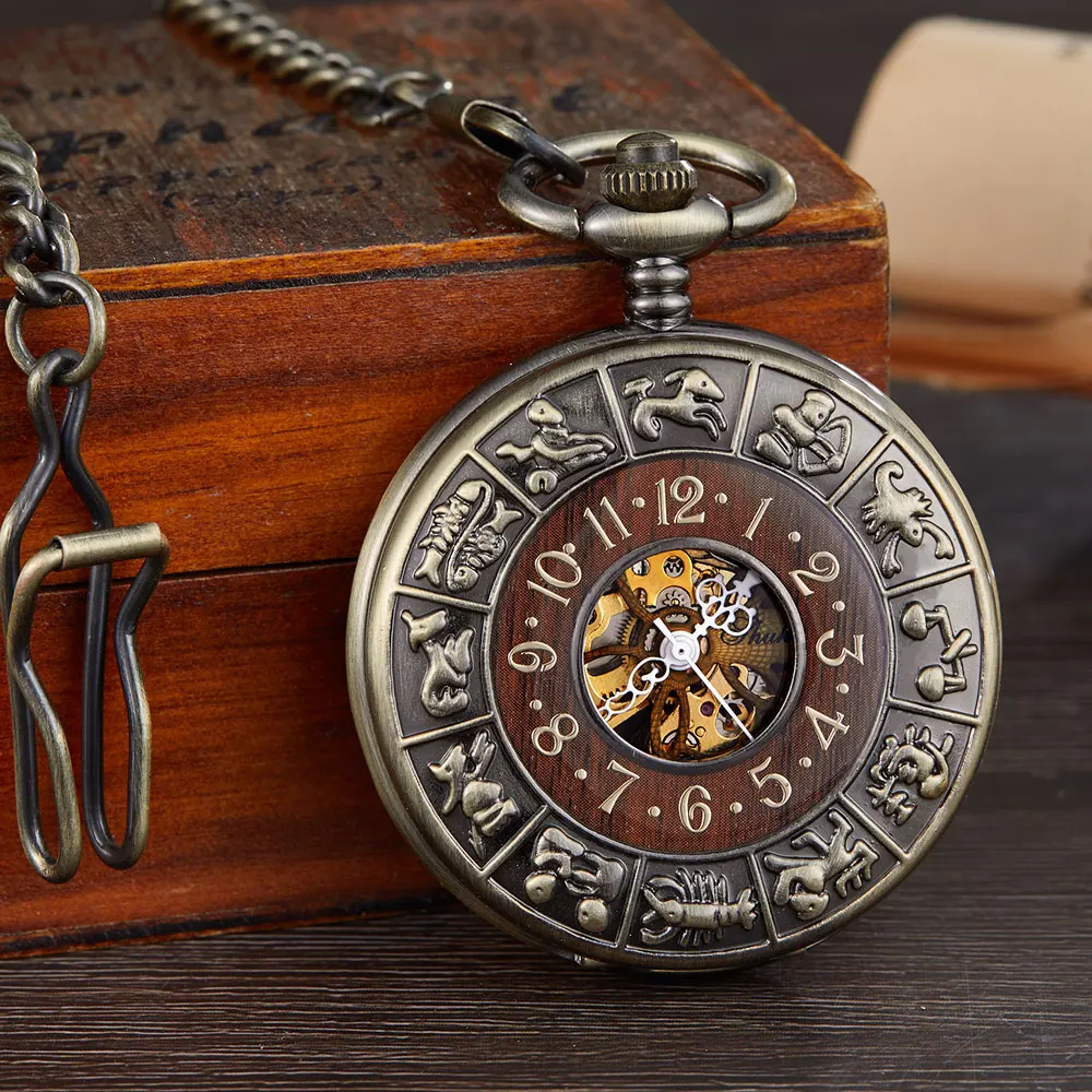 Vintage Number Dial Mechanical Pocket Watch Wood Circle Carved Men Unique Hollow Steampunk Retro Mechanical Clock Watches Chain