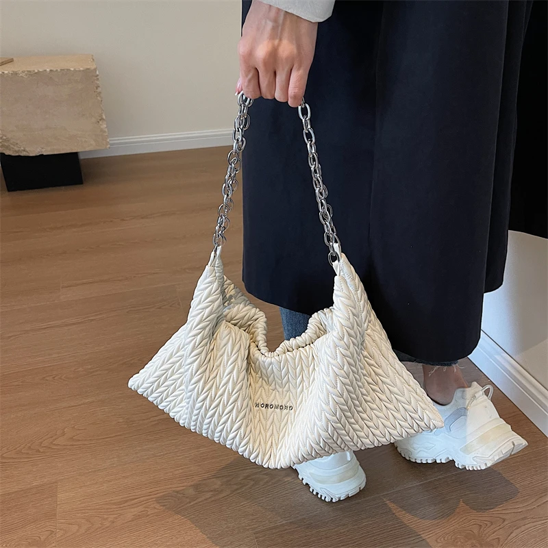 PU Leather Pleated Shoulder Bags For Women Classic Designer Handbags Lady Elegant Female Bags Solid Color Fashion Casual Totes