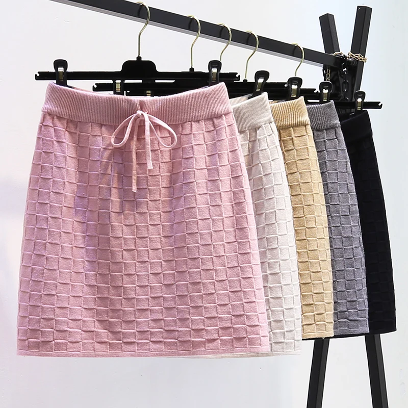

Vintage Mini Knitted Skirts Women Solid Lace Up Cotton Faldas Female Casual Chic Short Skirts 2023