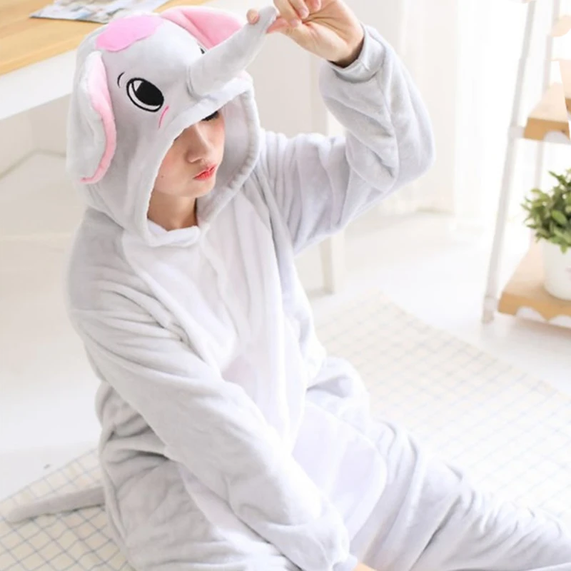 Grey Elephant Couples Pajamas Sets Women Winter Cute Animal Onesies Men One Piece Cosplay Costume Sleepwear Suit Flannel Pijamas