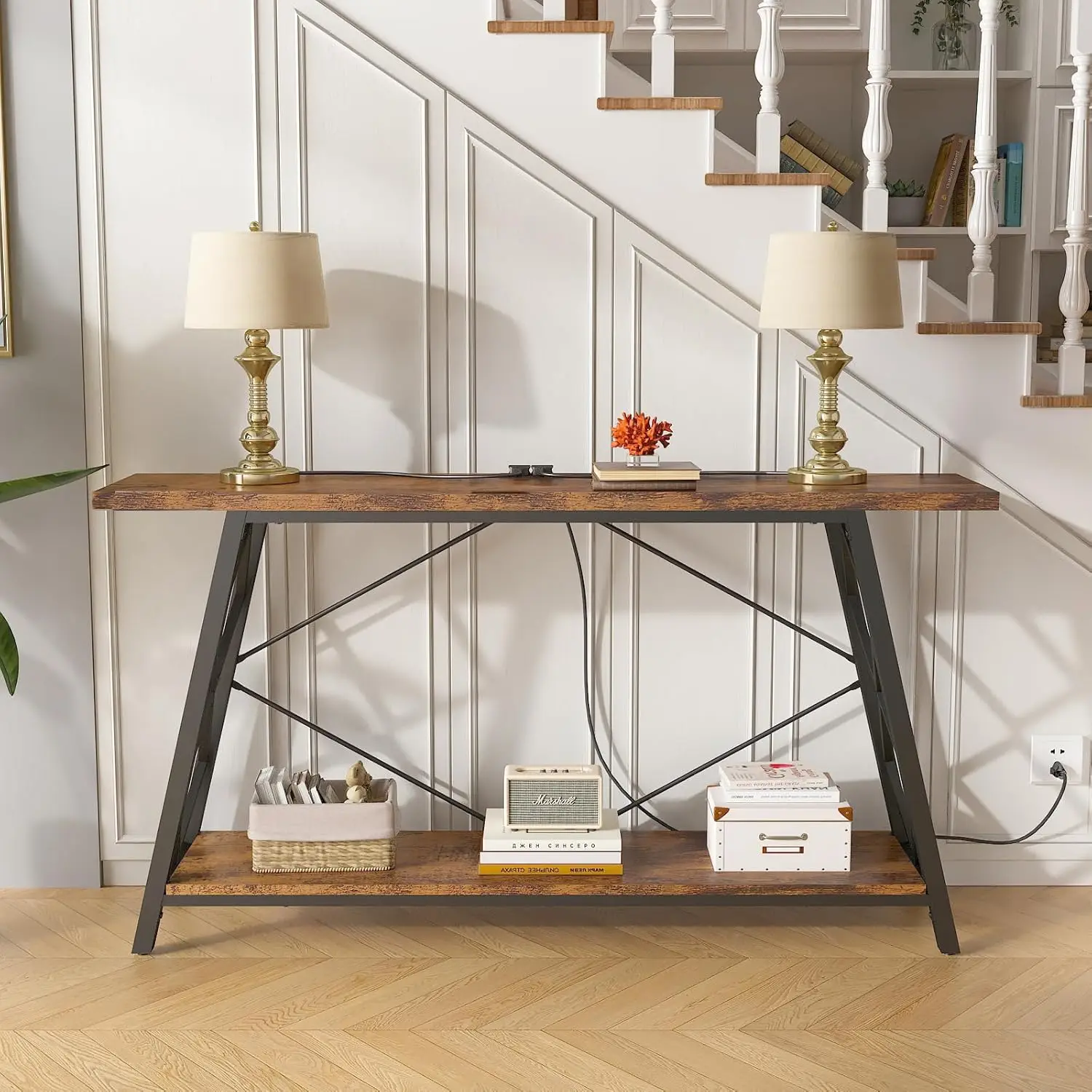 Console with Charging Station 55" Narrow Long Sofa Entryway with Storage Behind Sofa Consoles Table