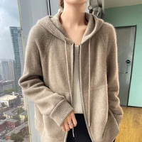 Cashmere Sweater Autumn Winter 100% Pure Wool Sweater Women's Hooded Collar Knitted Cardigan Fashion Korean Larg Size Thick Coat 1