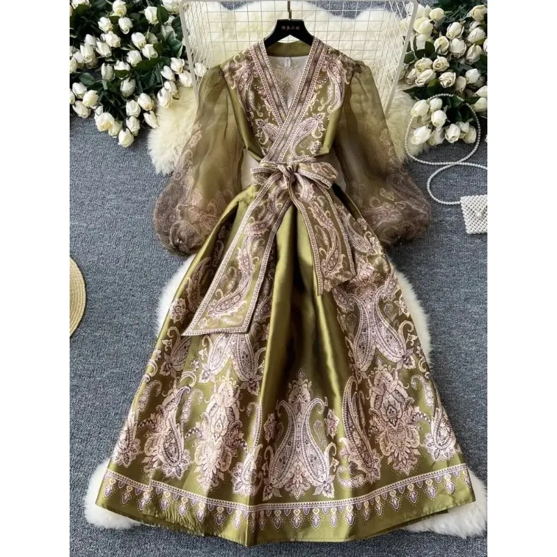 Socialite dinner party print bandage in wrap dress women's cross V-neck lantern sleeve chiffon patchwork women's dress