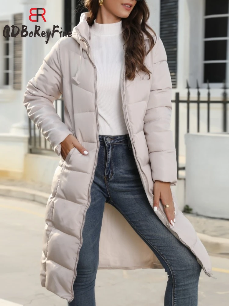 

Женская Стеганая куртка, длинное хлопковое пальто с капюшоном, утепленная верхняя одежда на молнии, черная демисезонная теплая стеганая куртка для женщин, 2023