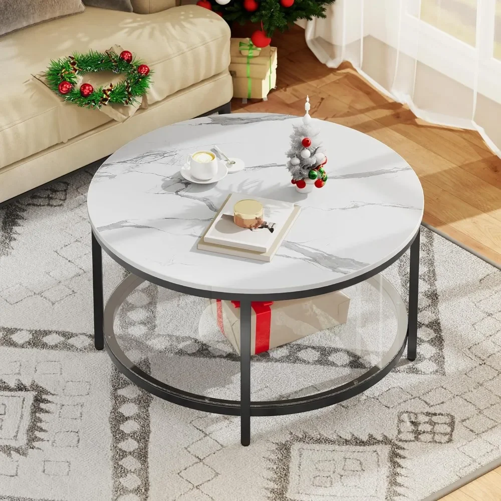 

Living room coffee table White marble Round coffee table with glass Minimalist modern center cocktail table White and black