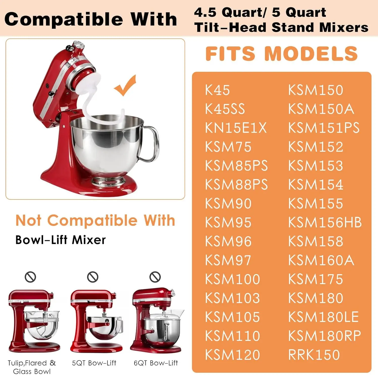 Mixer Accessories 4.5-5 Quart Aluminum Alloy Spray Dough Hook For Kitchenaid K45 K45SS KSM90 KSM150
