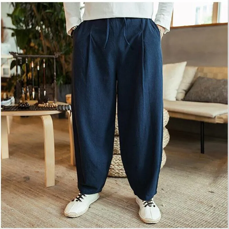 Large Size 6XL 7XL Men's Wide Leg Pants Cotton Linen Loose Harem Pants Summer Trousers Male Loose Pants Drawstring men clothing 2