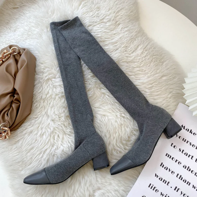 

Ladies Over The Knee Sock Boots Pointed Toe Stretch Boots Sexy Ladies Slip on High Heels Stretch Boots Ladies Black Grey