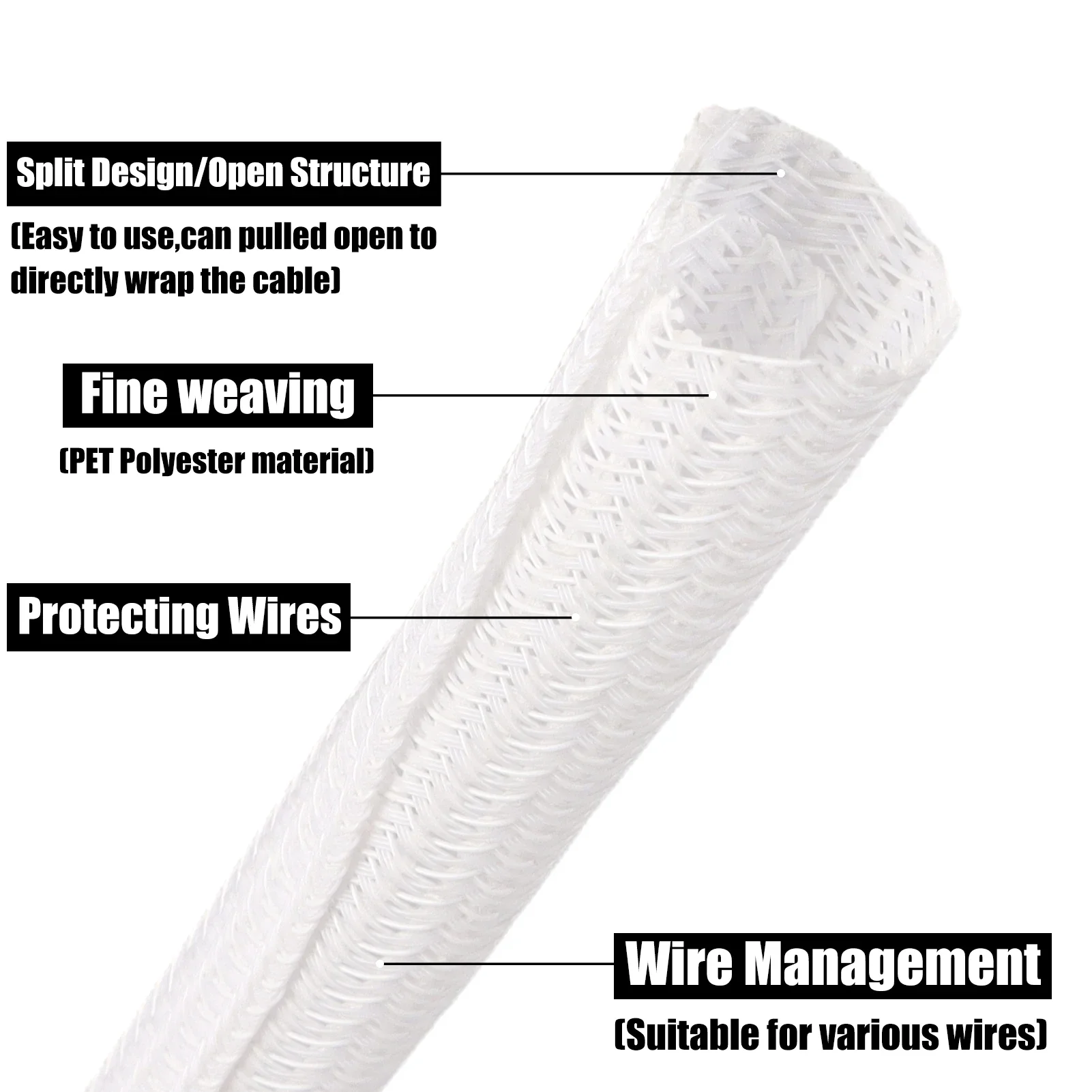 High-Protection PET Braided Cable Sleeve | Self-Closing Insulated Wire Organizer
