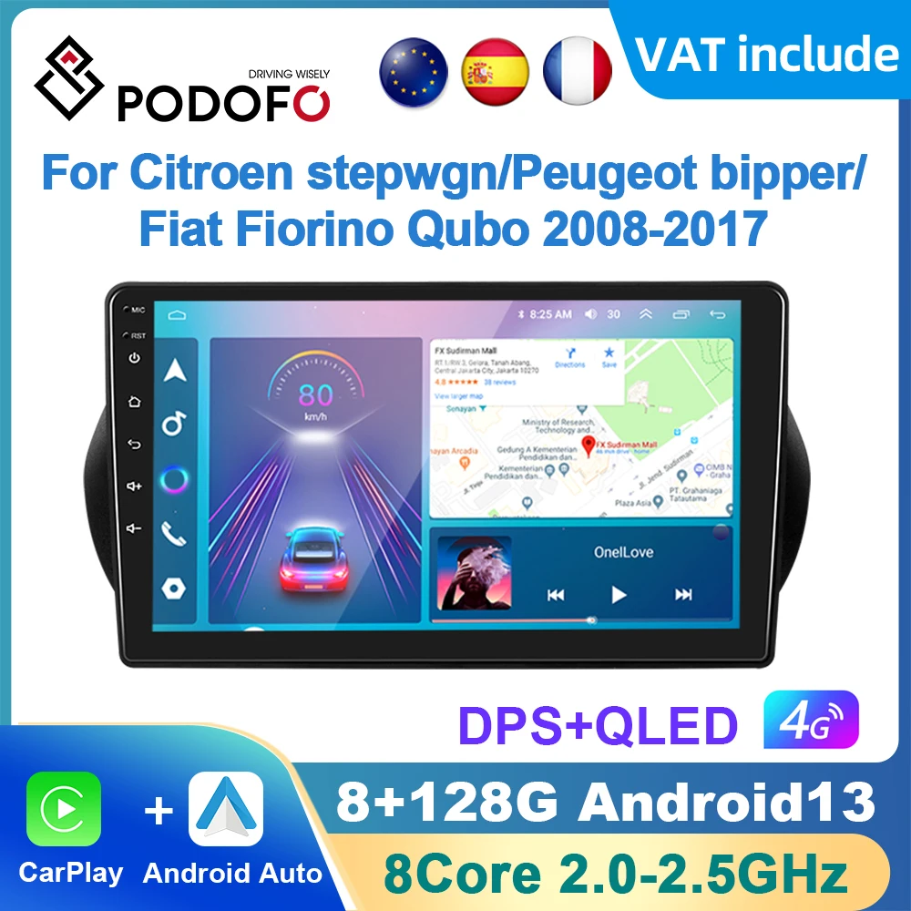 Podofo Android Carplay Autoradio Per Citroen Stepwgn/Peugeot Bipper/Fiat Fiorino Qubo 2008-2017 Android Auto Multimedia Player