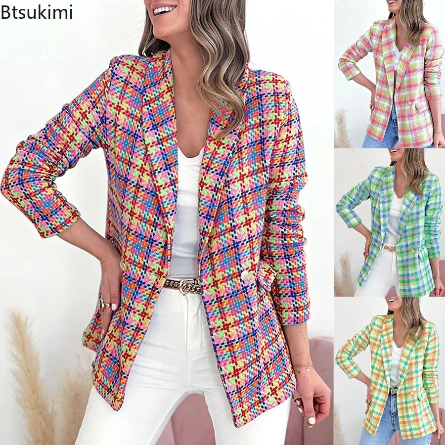 New 2023 Women's Casual Long Sleeve Blazer Jacket Suit Plaid Slim Suit Coat Female Business Office Print Jacket With Fake Pocket