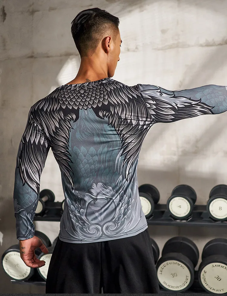 Zrce gym sport t shirt männer schnell trocken laufendes hemd männer feder muster oberteile kompression langarm t-shirt eng rashgard – Detail 12