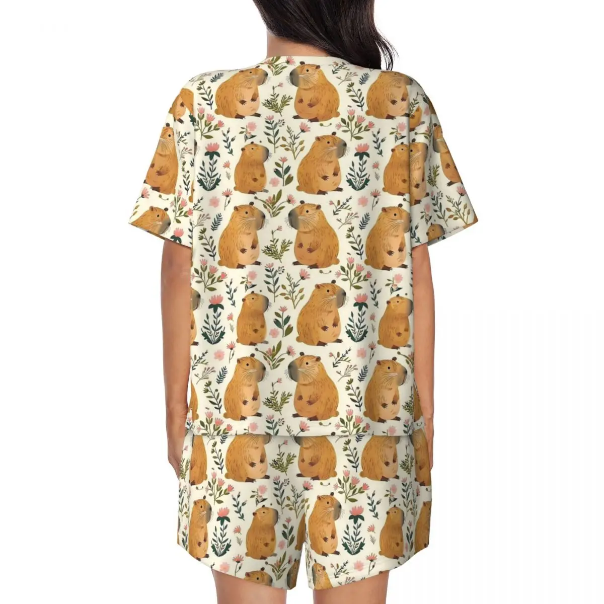 Cute Capybara Art Pajamas Animal Room O Neck Sleepwear Women 2 Piece Short Sleeve Fashion Pajamas Set