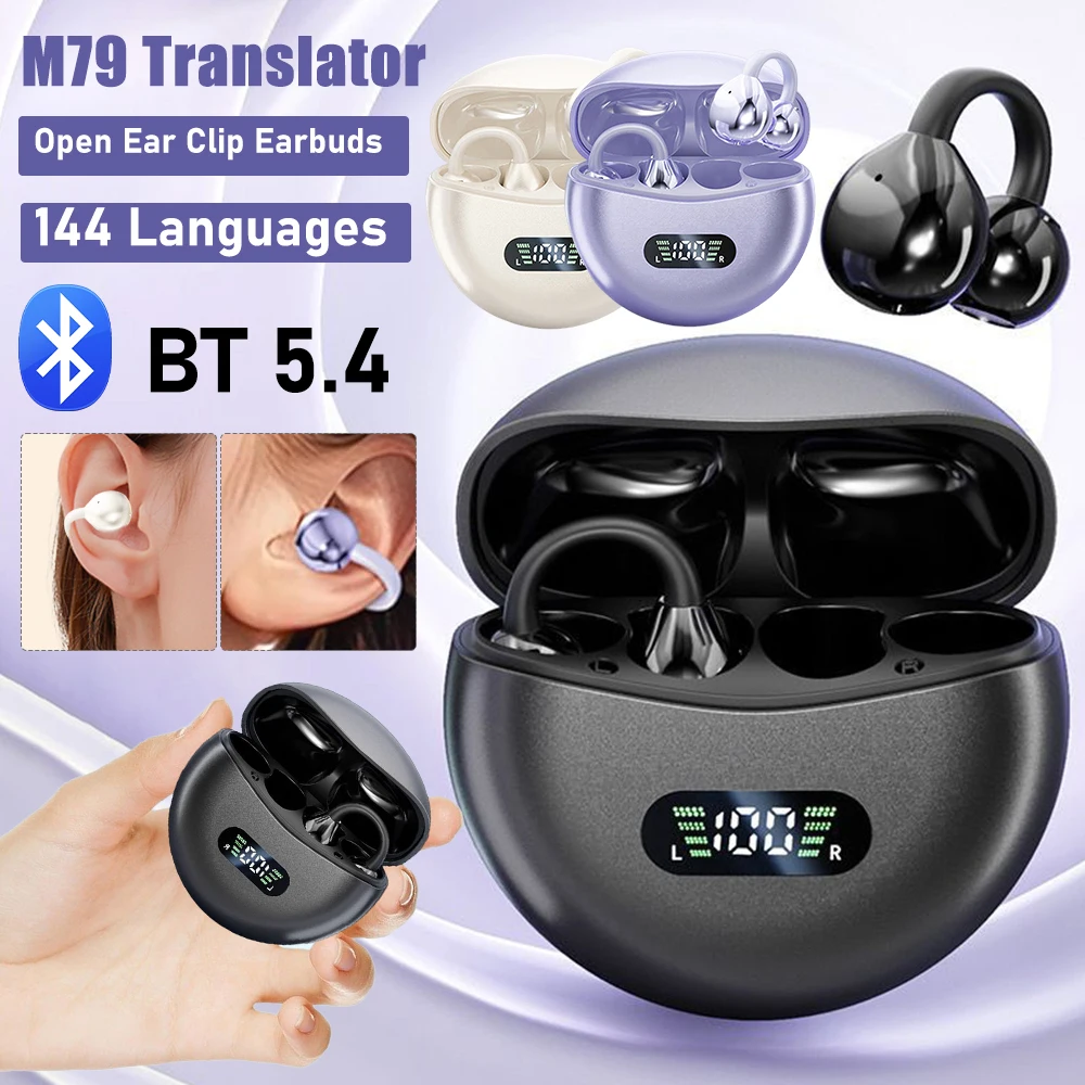 M79 AI Translator Earbuds Language Translation Earphones Real-Time Translation Noise Cancelling BT 5.4 Open Ear Clip Earbuds