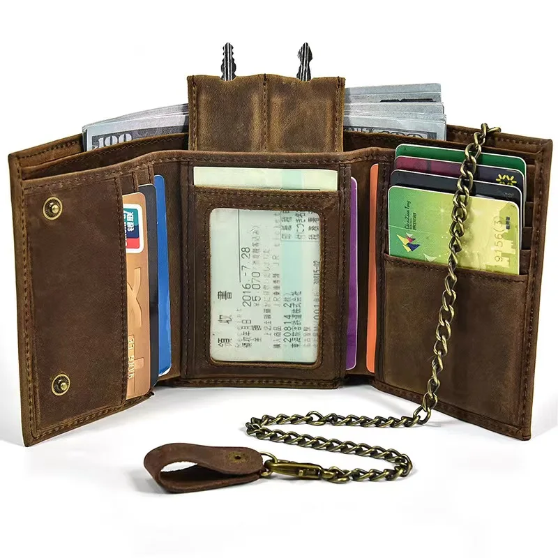 FLYINGQIN Men's Crazy Horse Leather Wallet – Trifold Design With Coin Pocket & Button Closure (Brown) - View #11