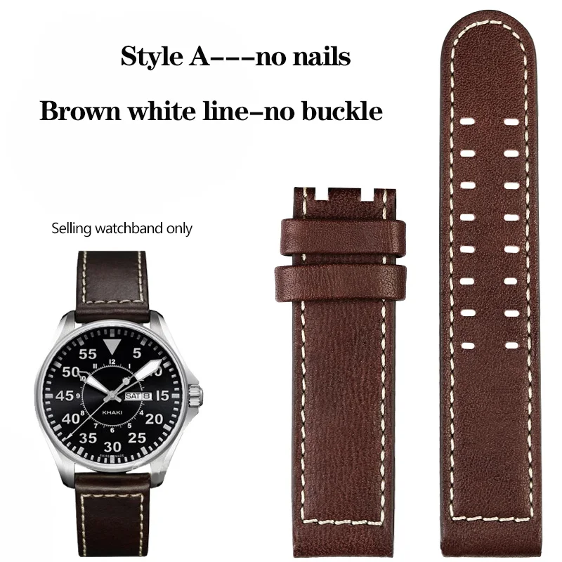 thumbnail image 1 of Correa de reloj de cuero genuino con clavos de 20 mm y 22 mm para la serie Hamilton Khaki H77616533 H70615733 Correa de reloj para hombre, 1 of 5