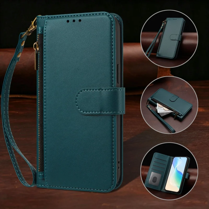 Premium PU Leather Flip Case with Zipper Wallet Cover