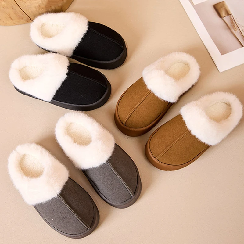 Thick Bottom Faux Fur Slippers Women Anti Slip Warm Winter Fluffy Slipeprs Woman Thicken Plush Faux Suede Snow Boots Female