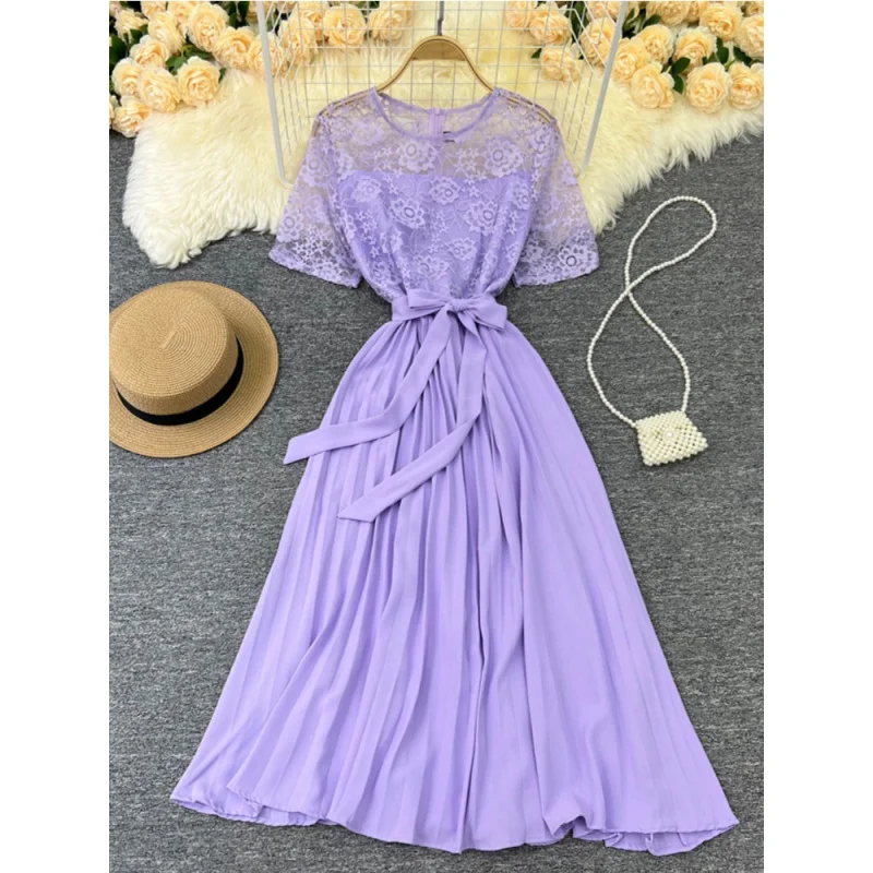 

SummerNew Ladies Dress Fashionable Temperament Simple Lace Stitching Pleated Long Skirt Elegant Waist Slimming Party Office Wear