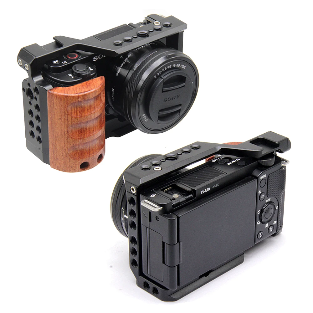 Cage En Métal Pour Sony ZV-E10 Avec Poignée En Bois - Montage 1/4" Et 3/8", Griffe Froide, Compatible Trépied Arca