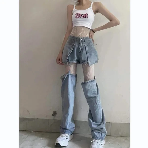 Harajuku Printed Cargo Jeans Denim Baggy Jeans Women Pants Vintage Straight Streetwear Wide Leg Pants Straight Leg Jeans
