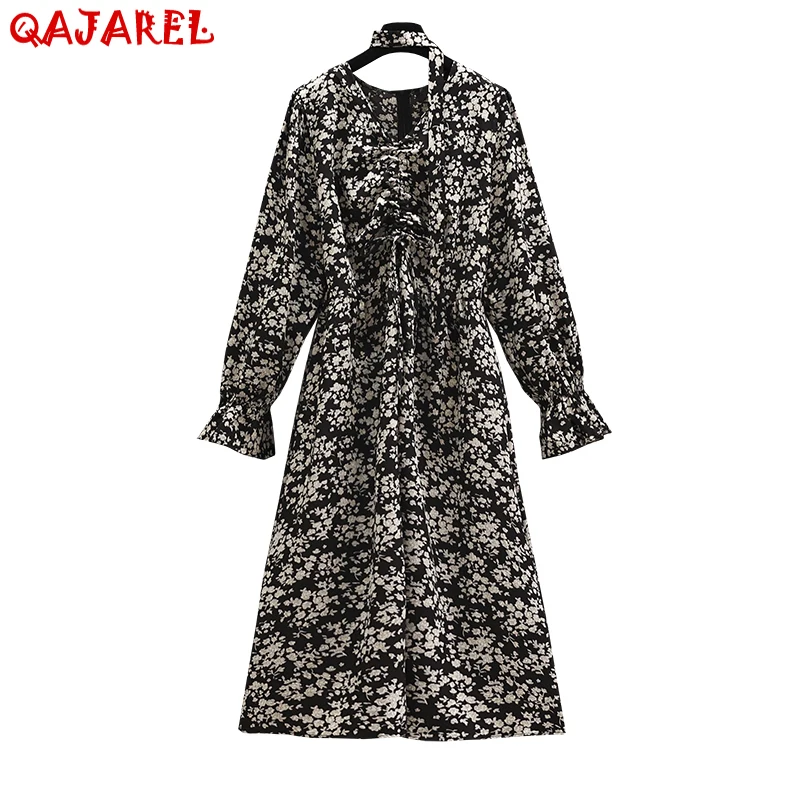 

Spring Autumn Vintage Black Floral Chiffon Midi Dress Long Sleeve Loose Boho Beach Dress 2023 Elegant Casual Evening Vestidos