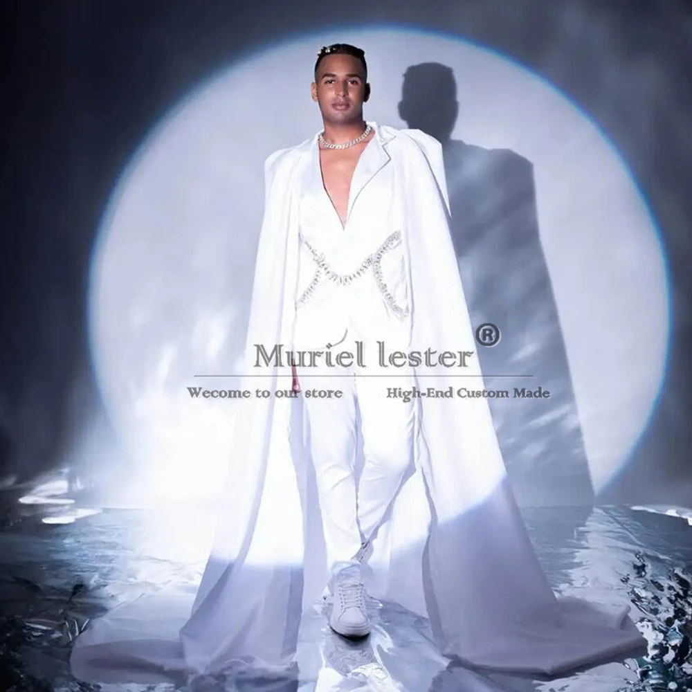 White Groom Wear Wedding Suits Jewelry Beading Prom Blazer With Cape Tailored Formal Party Suits Men Skinny 2 Piece Jacket Pants 3