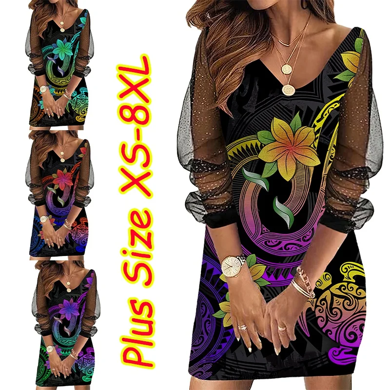 

Hawaii Women's Flower Turtle Printed Mesh Sleeves Panel Dress Plus Size Xs-8Xl