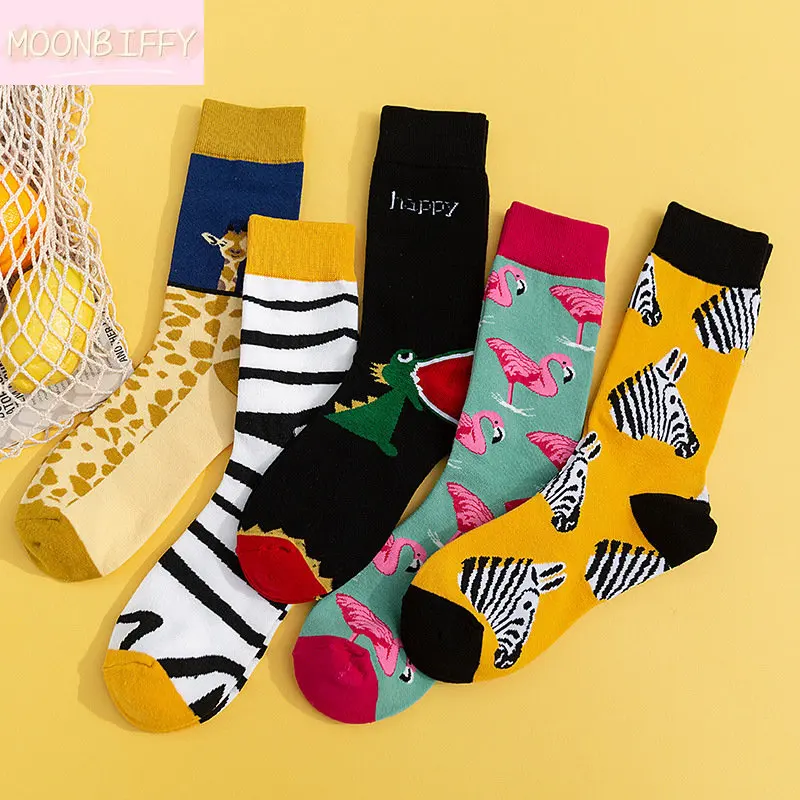 

Cartoon Animal Zebra Flamingo Giraffe Dinosaur Socks Streetwear Funny Pattern Novelty Cotton Warm Short Happy Women Men Socks