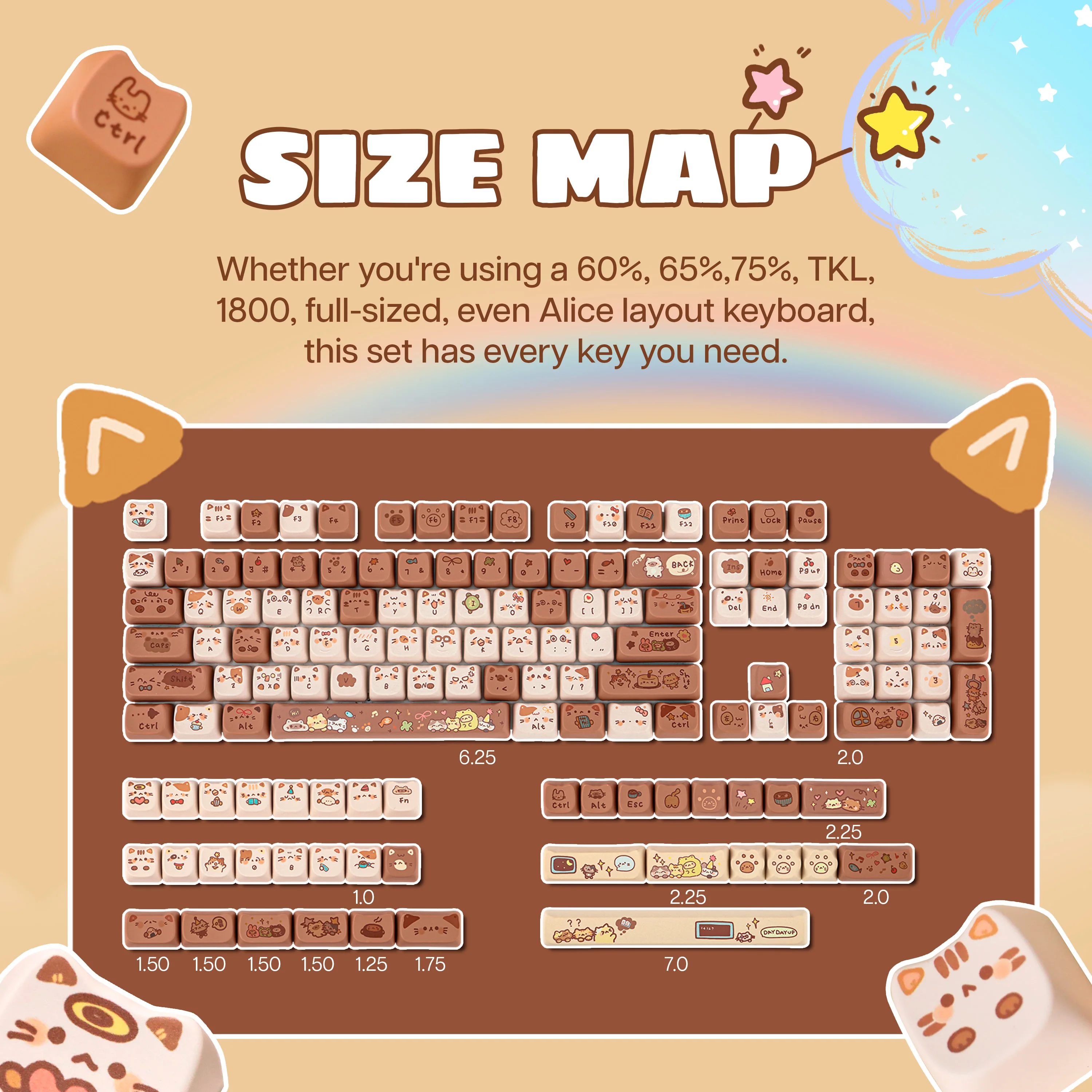 KiiBOOM Mocha Treats 키캡 세트 141 키 MAO 프로필 전체 ANSI 레이아웃 호환 키보드용 5면 염료 승화 PBT