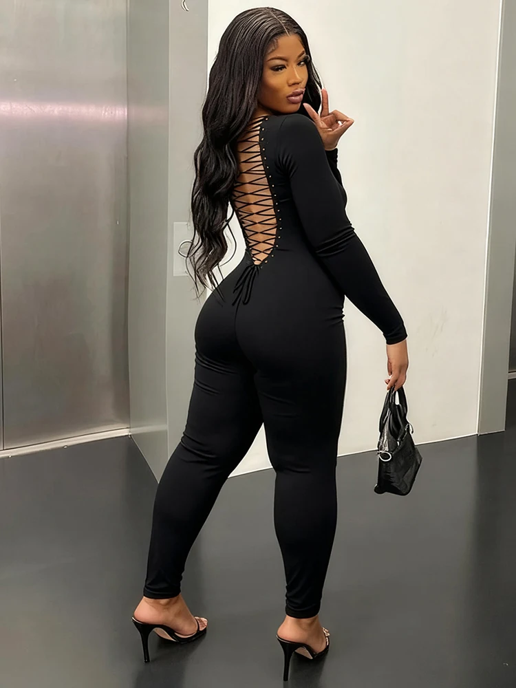 Nibber Peach Buttocks Sexy Fashion Junpsuits Woman U Collar Cross Bandage Backless Skinny Hot Girls Midnight Club Party Overalls