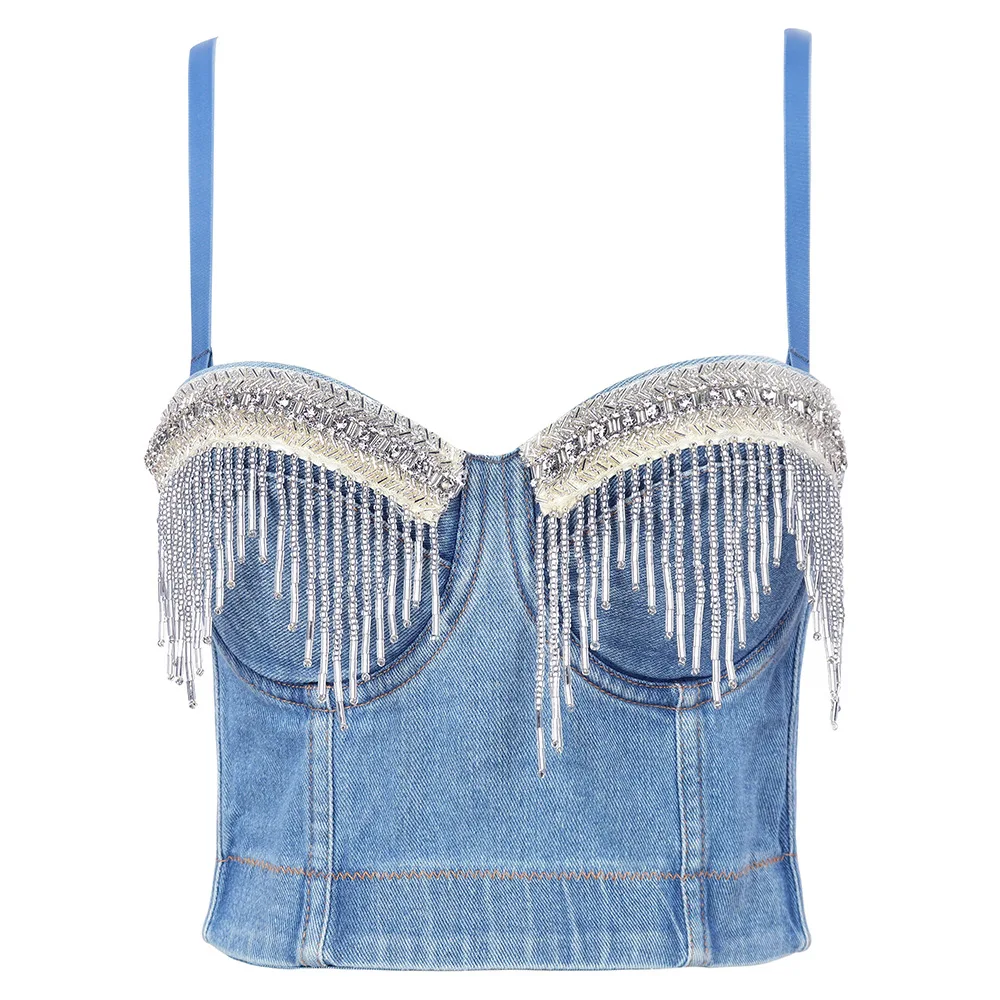 

Hot Sale Women Sexy Designer Denim Crystal Diamonds Tassel Camisole Tops Summer 2022 Short Stage Costumes Party Camis Crop Tops