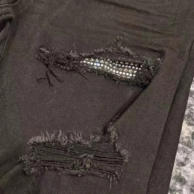 men sparkle sequience patches distressed black jeans 3