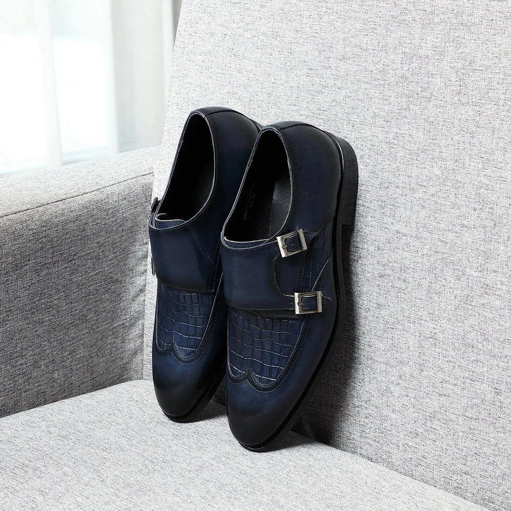 Natural Cow Leather Elegant Man Dress Shoes Stone Pattern Print Monk Double Buckle Strap and Cap Toe Business Party Social Shoes