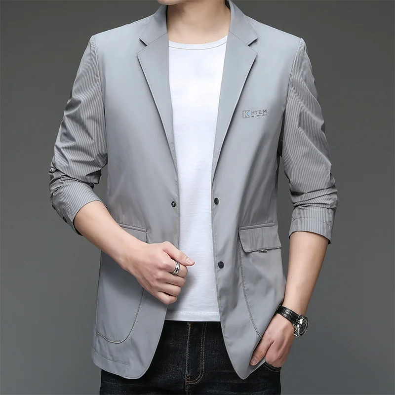 

Men Brands Top Quality Spring Blazer Slim Fit Casual Suit Korean Fashion Striped Sleeves Smart Business Trends Jacket Blazers