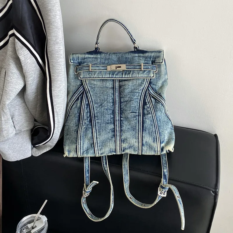 New Retro Denim Casual Schoolbags Fashion Backpacks for Mens Streetwear Cool Commuting Multifunctional Portable Backpack Female