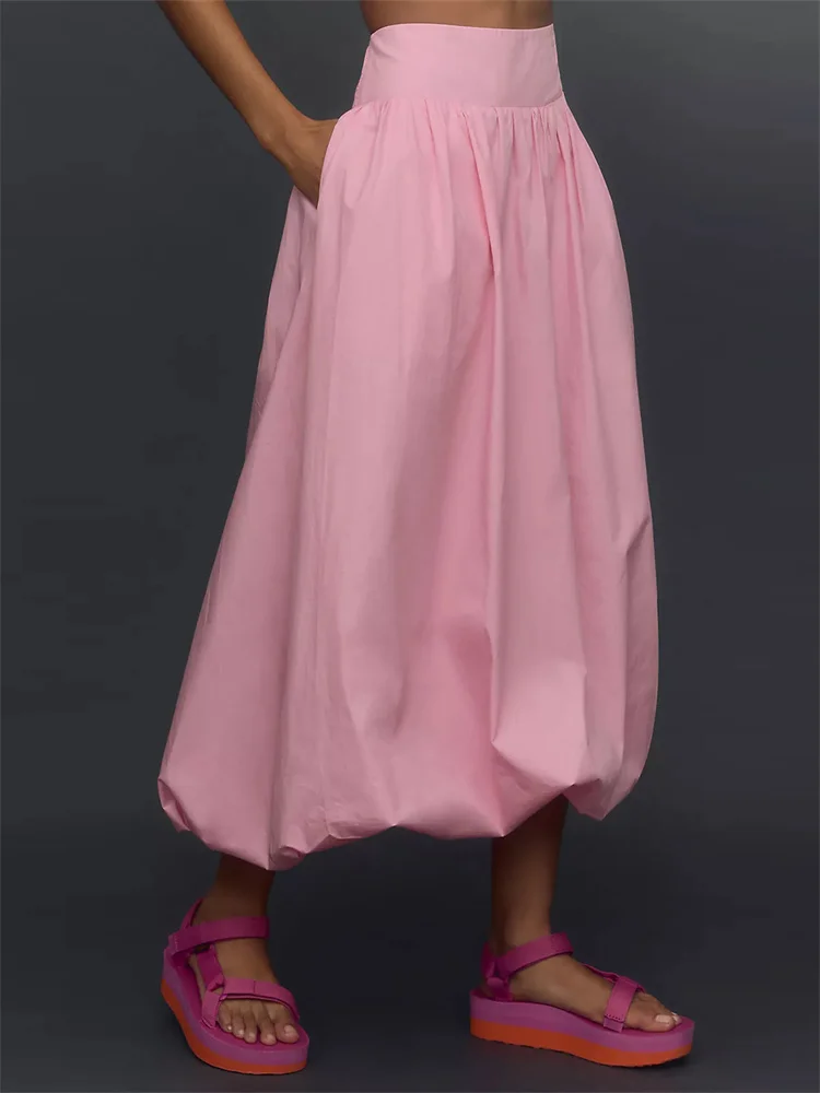 Image of CHRONSTYLE Women Long Maxi Skirts Casual Loose Fit Elastic Waist Solid Color Ruched Pleated Skirts for Summer Spring Streetwear