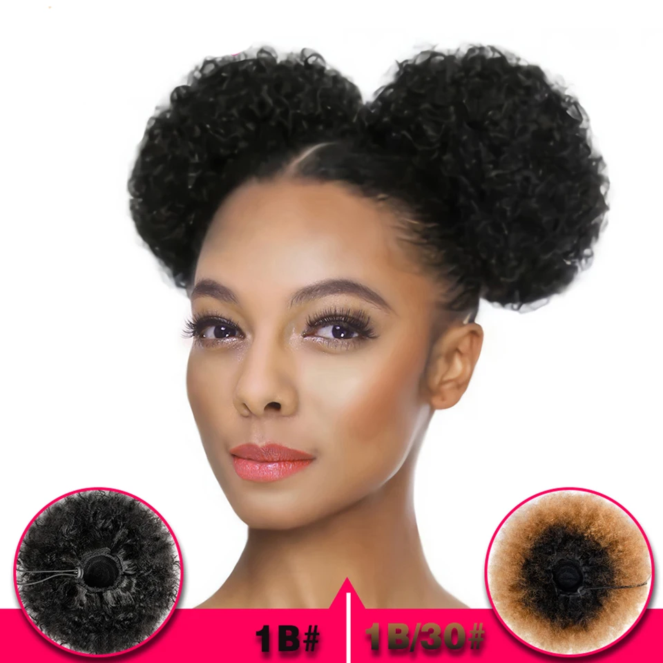 6inch Afro Puff Hair Bun Short Afro Kinky Curly Drawstring Ponytail Human Hair Clip In Extensions Short Chignon Hairpiece
