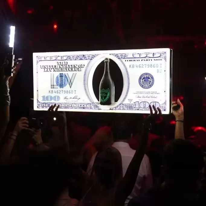Rechargeable LED Lighted US dollar Bottle Presenter Black Card Glorifier VIP Sign for Wedding Birthday Party Light